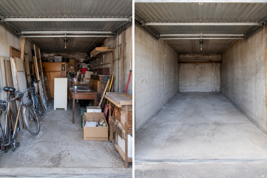 Voor en na van een professioneel ontruimde garagebox door STUFFVIA, volledig leeggehaald en netjes opgeleverd.