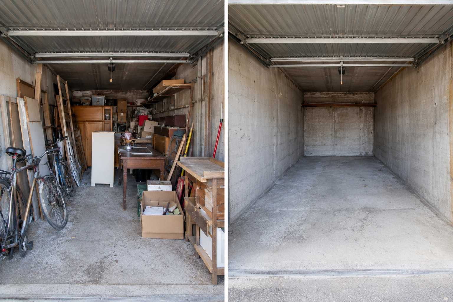 Voor en na van een professioneel ontruimde garagebox door STUFFVIA, volledig leeggehaald en netjes opgeleverd.